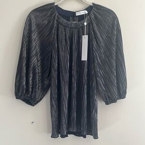 Jonathan Simkhai Alexandra Plisse Pleated Midnight Blue Top NWT 4 Silver Shimmer